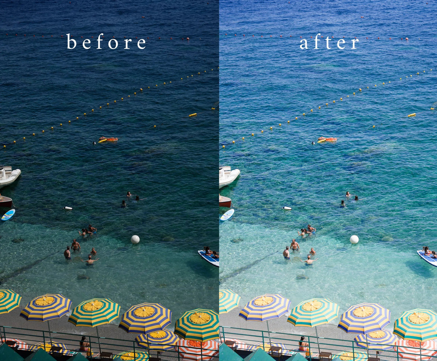 Capri Photo Preset Edit: Warm Beach Lightroom Presets | Bright Summer Umbrellas & Blue-Green Water | Europe Travel Photo Filters Kamalia Studio