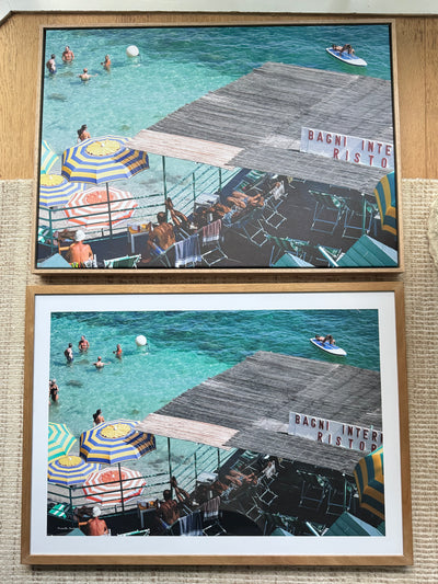 Here is our two options side by side, framed canvas (top) compared to framed fine art paper material (bottom).
